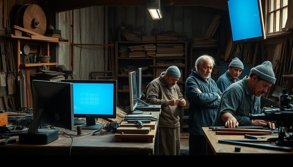 Proceso de digitalización en empresa familiar española mostrando contraste entre métodos tradicionales y nuevas tecnologías La presion de la tecnologia y la digitalizacion