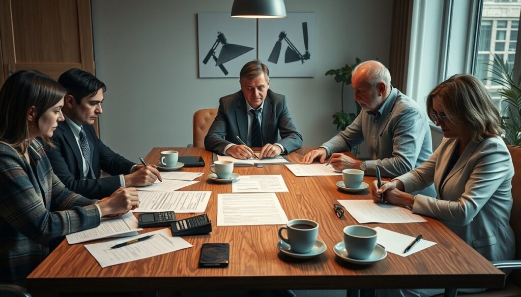 Profesionales y familia analizando diferentes modelos de reestructuración empresarial con documentos legales y diagramas organizacionales modelos de reestructuración puedes aplicar